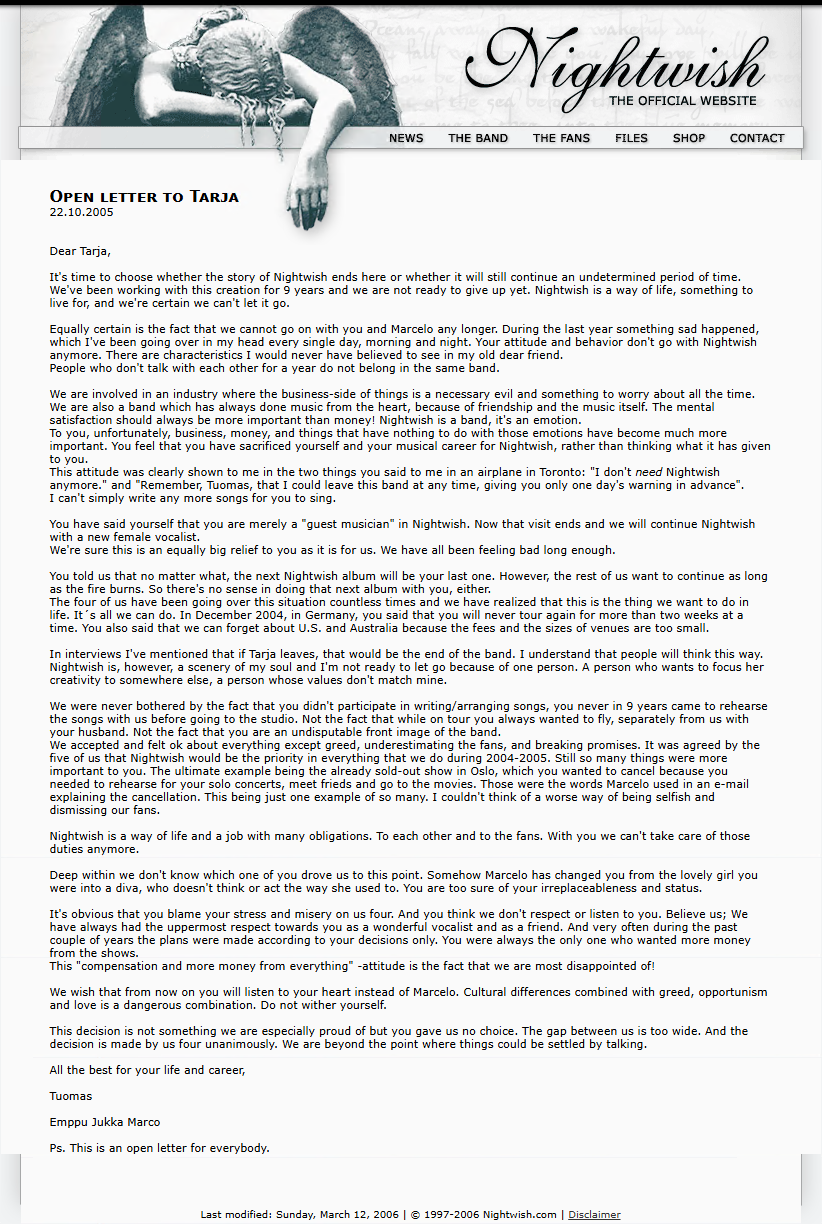 Open Letter To Tarja
